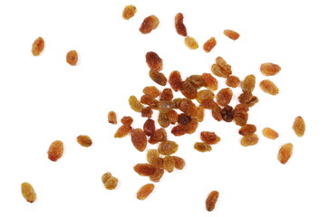 Raisins isolated on white background, top view