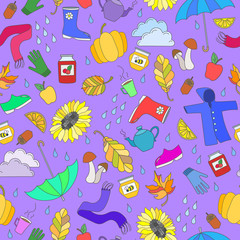 Seamless pattern on the theme of autumn, a simple color icons on purple background