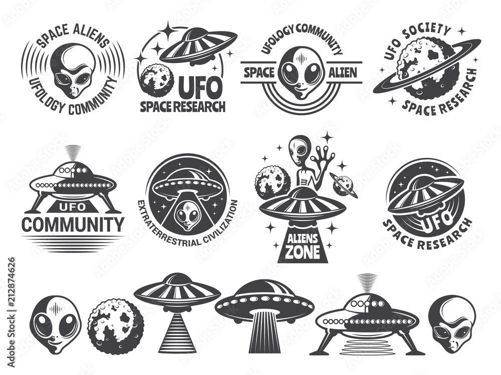 Aufkleber badges set with ufo and aliens. vector design templates with place for your text