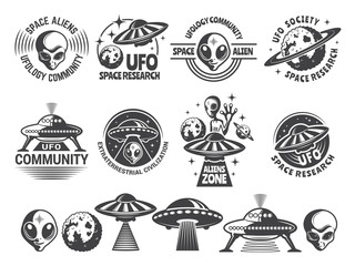 Badges set with ufo and aliens. Vector design templates with place for your text © ONYXprj