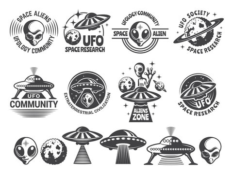 Badges set with ufo and aliens. Vector design templates with place for your text
