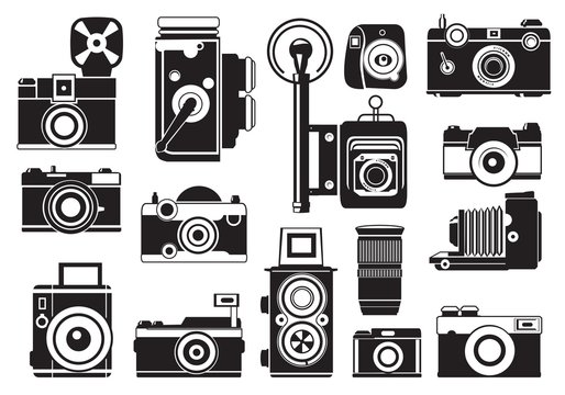 Pictures set of retro cameras. Vector monochrome illustrations
