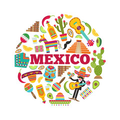 Fototapeta premium Mexican symbols. Circle shape with various colored pictures of mexican icons