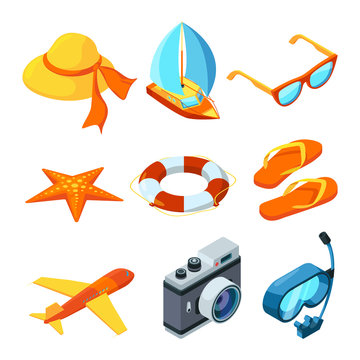 Summer time isometric. Travelling vector symbols