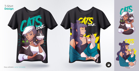Stylish girls with their cats. Prints on T-shirts, sweatshirts, cases for mobile phones, souvenirs. Vector illustration.