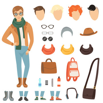 Clothing of fashionable guy. Cartoon male character with various fashion accessories and clothes