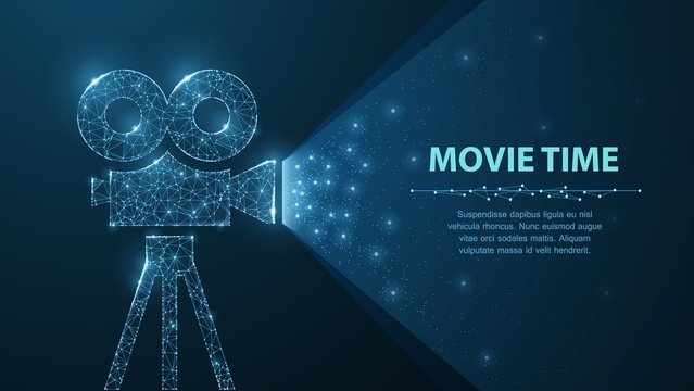 Polygonal wireframe movie projector show film at night on dark blue with stars in him light.