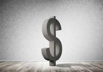 Money making and wealth concept presented by stone dollar symbol in empty room