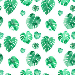 Fototapeta na wymiar Watercolor leafs seamless pattern. Tropical plant. Floral design element. Abstract modern background. Exotic print for card, placard, cover, fabric.