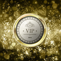 Vip emblem on abstract gold background with bokeh. Yellow and li