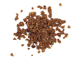 Crunchy chocolate granola, muesli pile isolated on white background, top view