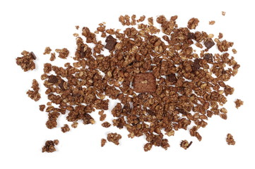 Crunchy chocolate granola, muesli pile isolated on white background, top view