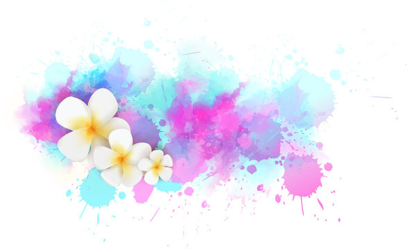 Background with watercolor splashes and tropical flowers