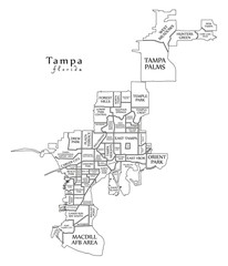 Modern City Map - Tampa Florida city of the USA with neighborhoods and titles outline map