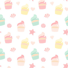 cute colorful summer seamless vector pattern background illustration with cupcakes, starfishes, shellfishes, hearts, roses
