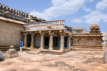 Side view of Kattale Basadi, Chandragiri hill, Sravanabelgola, Karnataka. The largset temple on the hill, enshrines the statue of Adinatha.