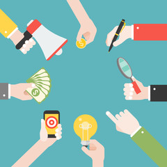 Many different business hands with different objects, such as lightbulb, magnify glass, banknotes, megaphone, business strategy for reaching goal
