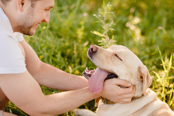 Happy owner young man caressing gently labrador dog outdoors in sunset.
