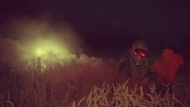 People with Gas masks waving Smoke candles