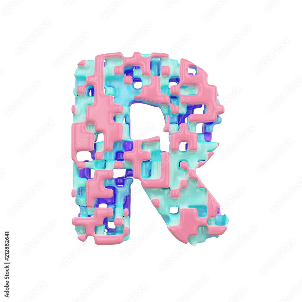 Poster alphabet letter r uppercase. geometric font made of cubic blocks. 3d render isolated on white backgr