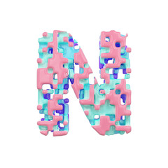 Alphabet letter N uppercase. Geometric font made of cubic blocks. 3D render isolated on white background.
