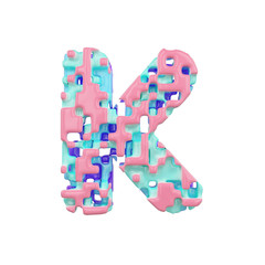 Alphabet letter K uppercase. Geometric font made of cubic blocks. 3D render isolated on white background.