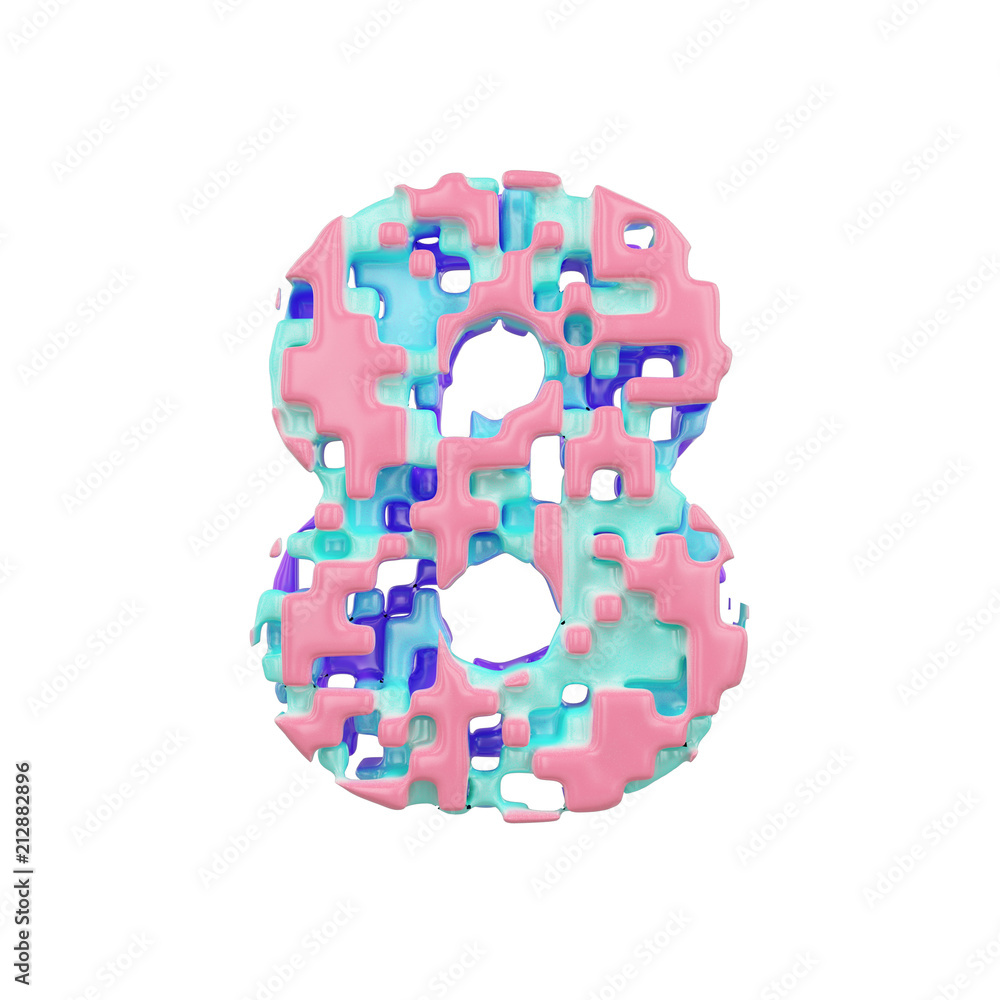 Aufkleber Alphabet number 8. Geometric font made of cubic blocks. 3D render isolated on white background.
