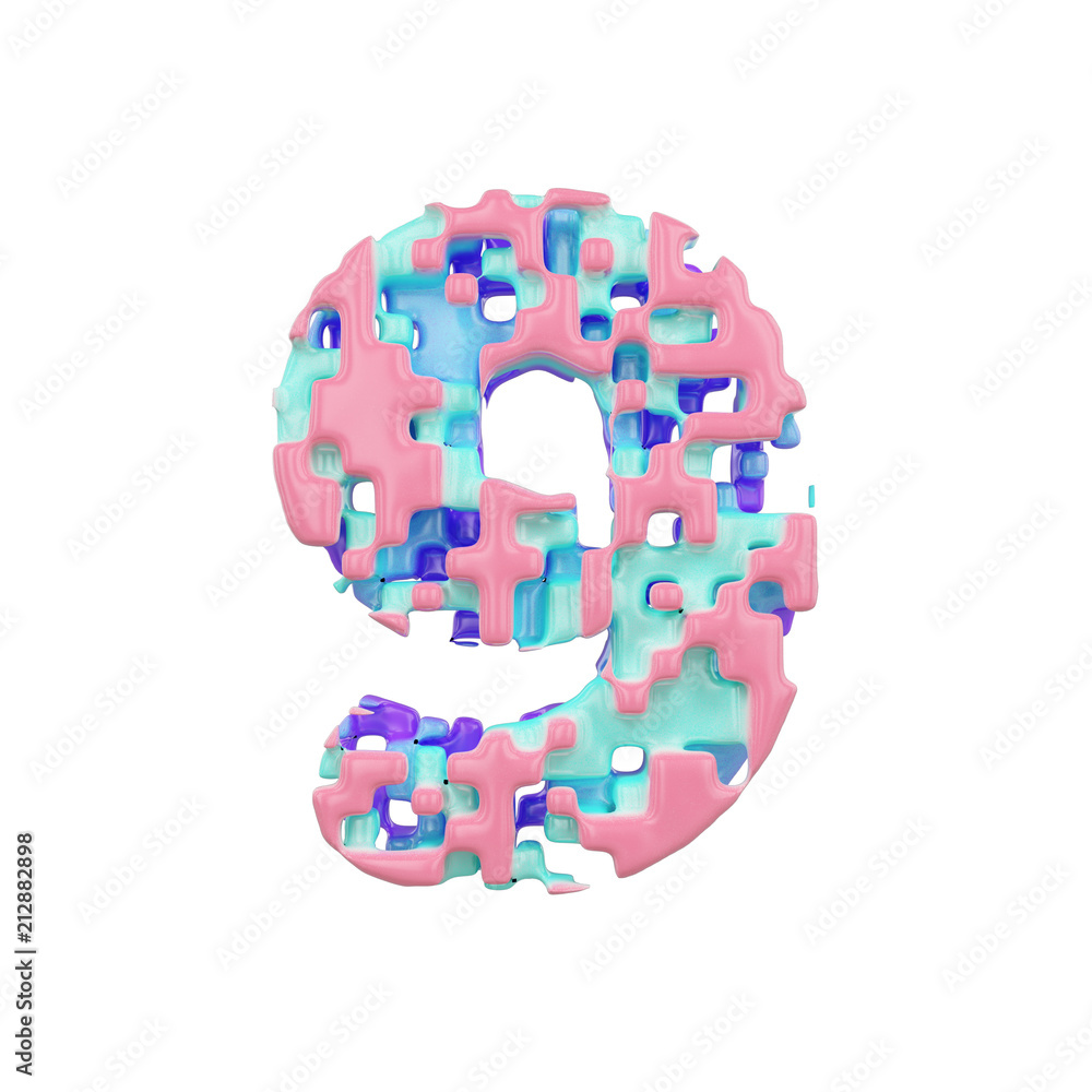 Poster alphabet number 9. geometric font made of cubic blocks. 3d render isolated on white background.