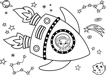 Obraz premium Black and white astronaut having journey in the space. Painting activity. Isolated on white. Vector illustration. 