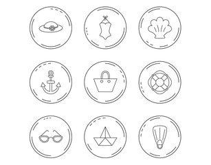Paper boat, shell and swimsuit icons.