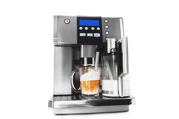 automatic coffee maker with cup of coffee