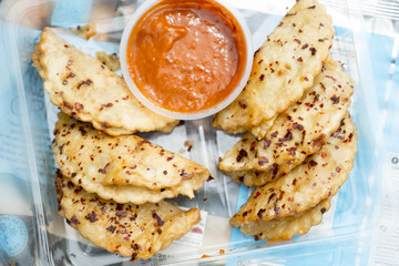 Beef emapanadas with hot chilli sauce