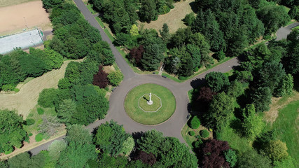 Aerial image over the unicorn terracotta fountain in Springburn Park.