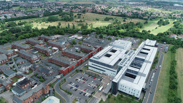 Aerial image of Stobhill Hospital in Glasgow, Scotland.
