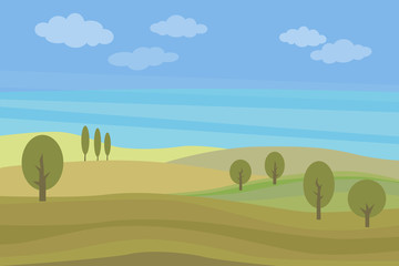 Fototapeta na wymiar Vector flat landscape with green hills and trees and blue bright sky with clouds.