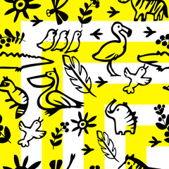 Mexican yellow, white seamless pattern. Black silhouettes of animals and plants.