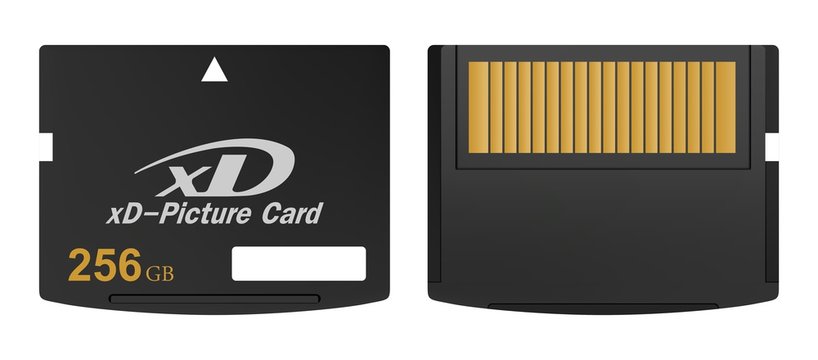 Set Of Black Standard 256 Gb Digital Xd Memory Cards Front And Back With Gold Contact On A White Background. Collection Media Card For Digital Data 