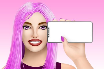 Concept with mobile cell phone mockup. Drawn nice girl on bright background. Illustration