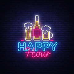 Panele Szklane  Happy Hour wektor znak neon. Happy Hour Design szablon neon znak, nocna kolacja, celebracja świetlny transparent, neon szyld, nocne jasne reklamy, lekki napis. Ilustracja wektorowa