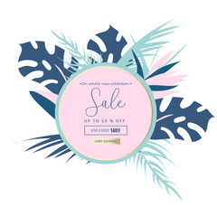 Trendy Tropical Floral Sale Banner or Border design. Seasonal Clearance flower botanical frame for advertising, poster, business, web, blog, invitation, etc. Vector Illustration