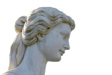 Fototapeta na wymiar Head of white marble beautiful stone statue close up on black background