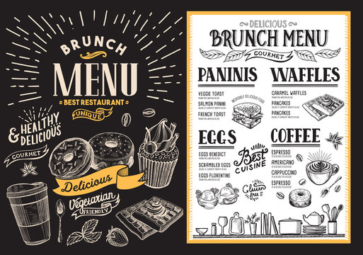 Brunch restaurant menu. Vector food flyer for bar and cafe. Template with vintage hand-drawn illustrations.