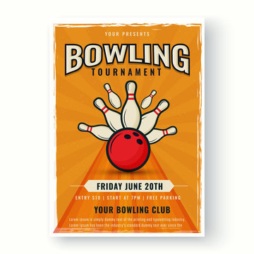 Retro style template or flyer design on white background for Bowling tournament concept.