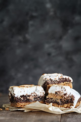 Delicious Smores Peanut Butter Brownie bars with free space for text. Extreme shallow depth of field with selective focus on smores bars in the foreground.
