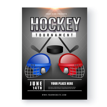 Shiny black Ice Hockey Tournament template on white background.
