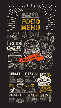 Food menu for restaurant. Flyer on blackboard background. Design template with vintage hand-drawn illustrations.