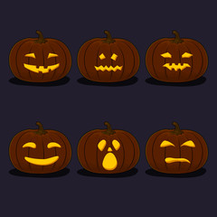 Set of Carved Scary Pumpkins, Jack-o-Lantern on Black Background, Halloween Holiday , Vector Illustration