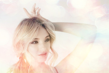 girl with summer make-up on blurred white background with pink bokeh / beautiful bright make-up,...