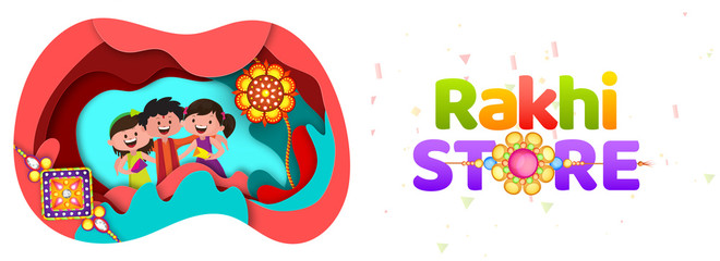 Paper cut origami style Rakhi Store header or banner design with happy brother and sister character for Raksha bandhan festival.