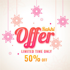 Raksha Bandhan sale banner or flyer design with hanging ornamental flowers and 50% discount offer.